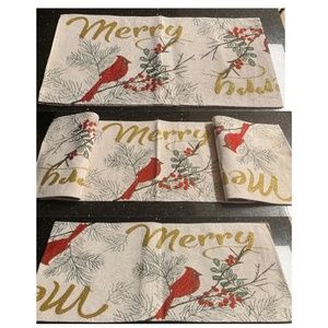 One Cardinal tapestry table runner 53x12 inch no tags, says Merry 3 times on it